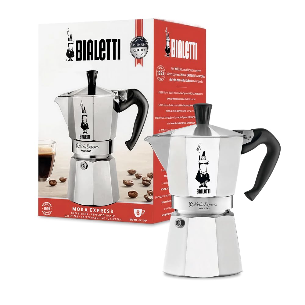 Bialetti Moka Express Ikonische Herdplatten-Espressomaschine, Aluminium, 270 ml, Silber/Schwarz