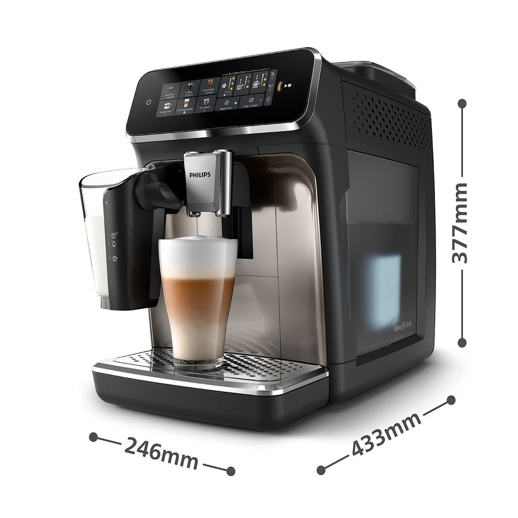 Philips 3300 Series Kaffeevollautomat - 6 Getränke, Modernes Farb-Touchscreen-Display, LatteGo-Milchsystem, SilentBrew, 100% Keramikmahlwerk, AquaClean Filter, Schwarzchrom (EP3347/90)