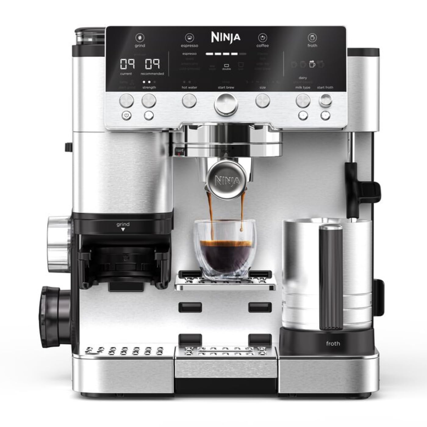 Ninja Luxe Premier 3-in-1 Kaffeemaschine mit Mahlwerk, Aufschäumer für Latte, Cappuccino, Cold Brew & Espresso, bis 2 Tassen, 4 Aufschäum-Voreinstellungen, Silber