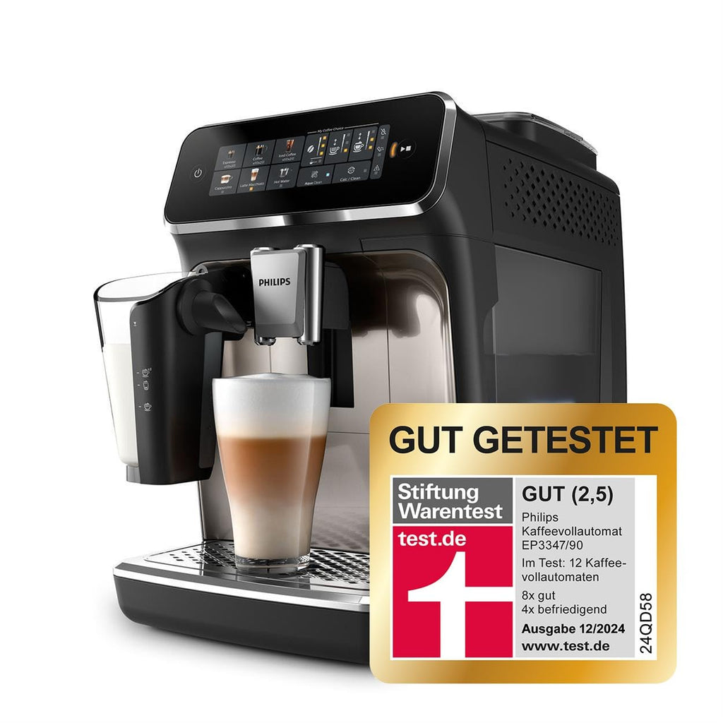 Philips 3300 Series Kaffeevollautomat - 6 Getränke, Modernes Farb-Touchscreen-Display, LatteGo-Milchsystem, SilentBrew, 100% Keramikmahlwerk, AquaClean Filter, Schwarzchrom (EP3347/90)