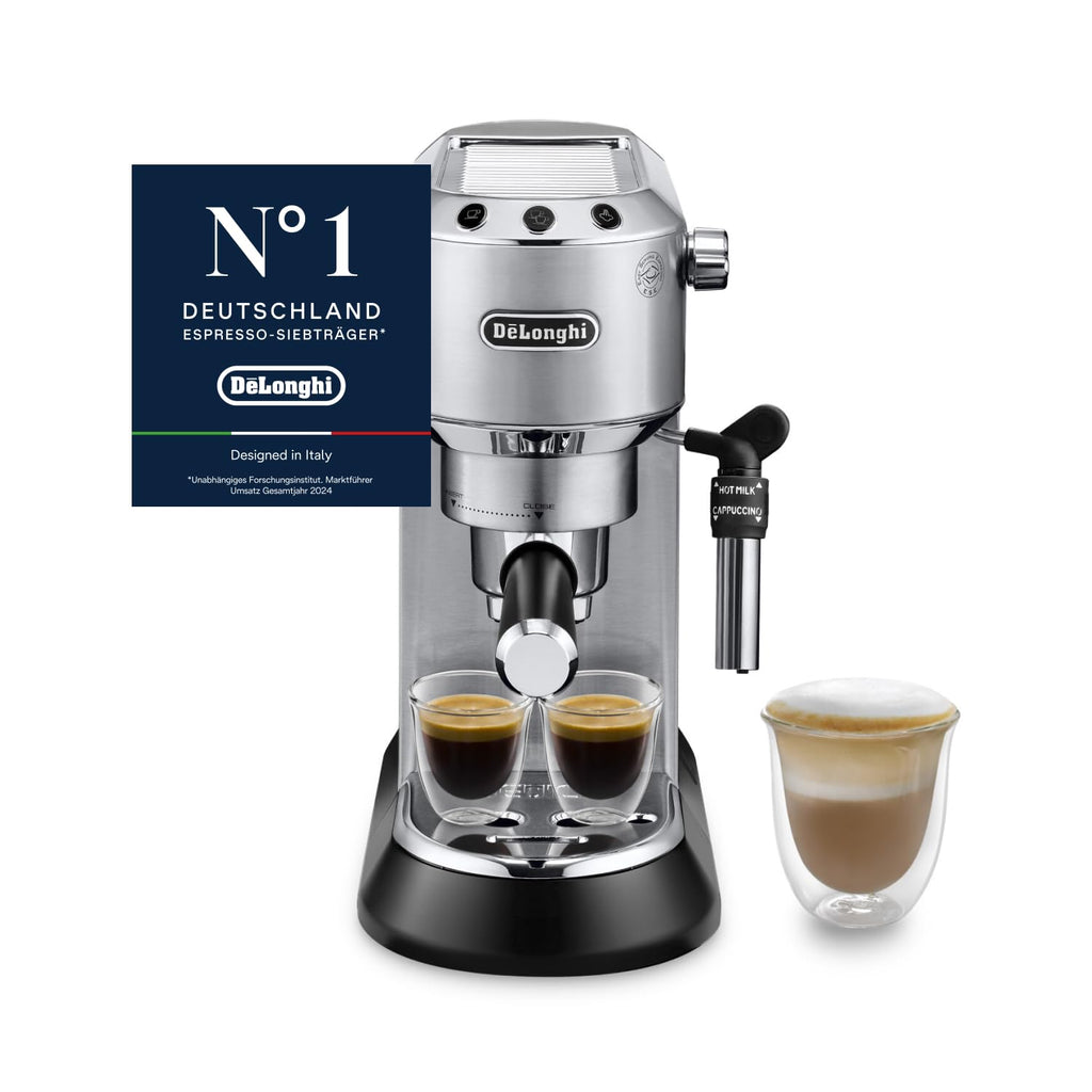 De'Longhi Dedica Style - Perfetto Kompakte Siebträgermaschine Espressomaschine mit Tasten, manuellem Milchaufschäumer für Espresso und Cappuccino, ESE Pad geeignet, 15cm breit, Metall (EC685.M)