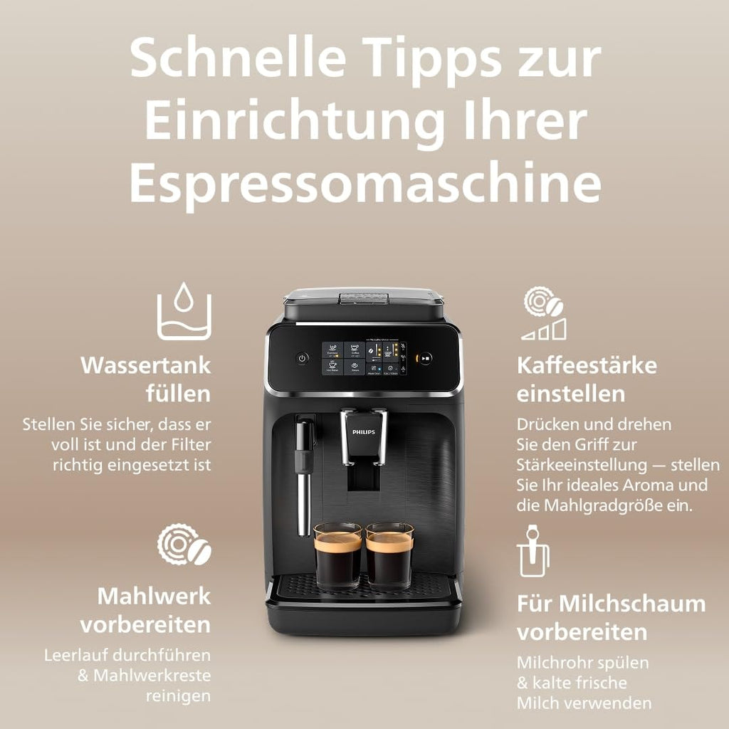 Philips 2200 Series Kaffeevollautomat - 2 Kaffeespezialitäten, Touch-Display, klassischer Milchaufschäumer, Keramikmahlwerk, Mattschwarz (EP2220/10)