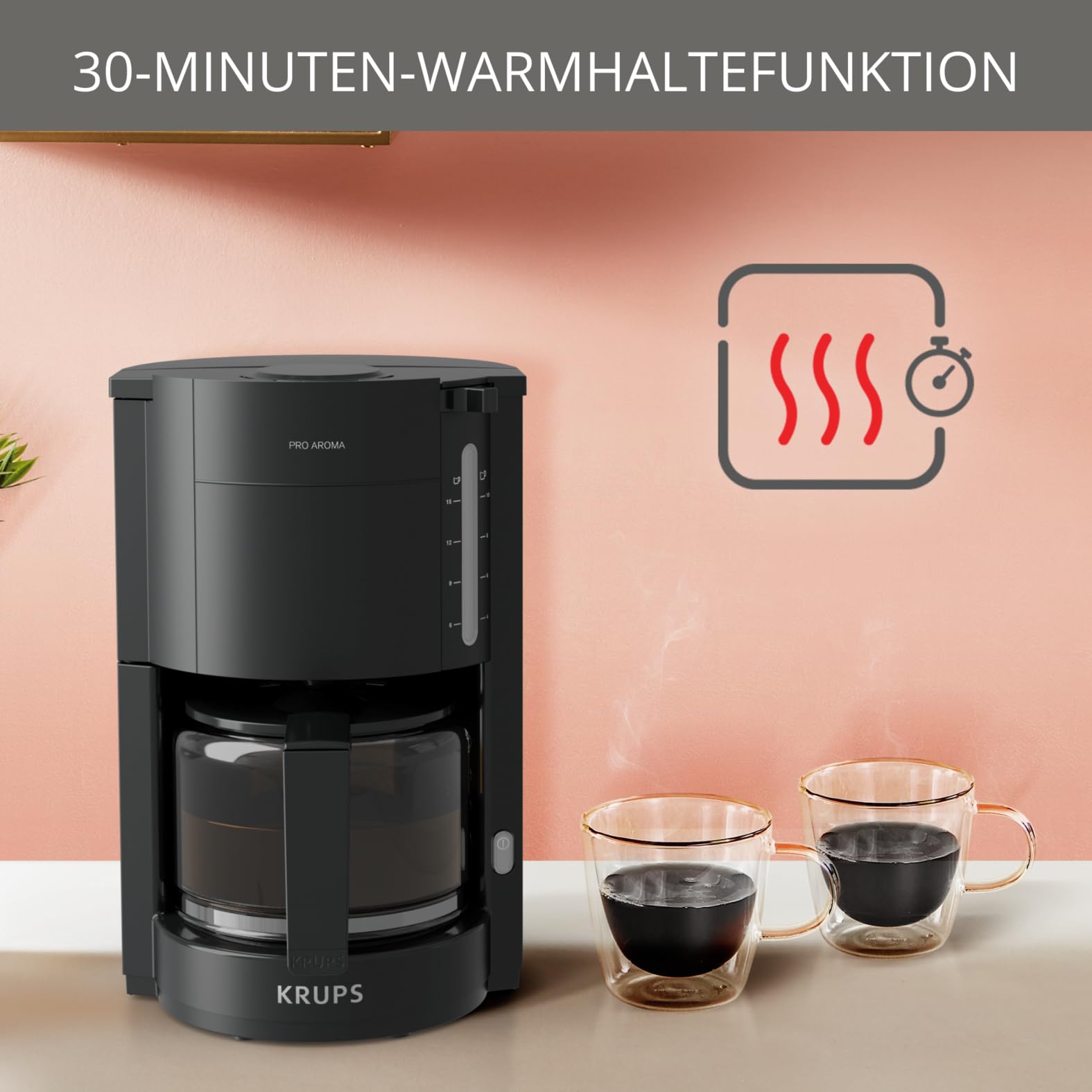 Krups F30908 ProAroma Filterkaffeemaschine mit Glaskanne, 1,25L Füllmenge, 10-15 Tassen, 1050W, Schwarz