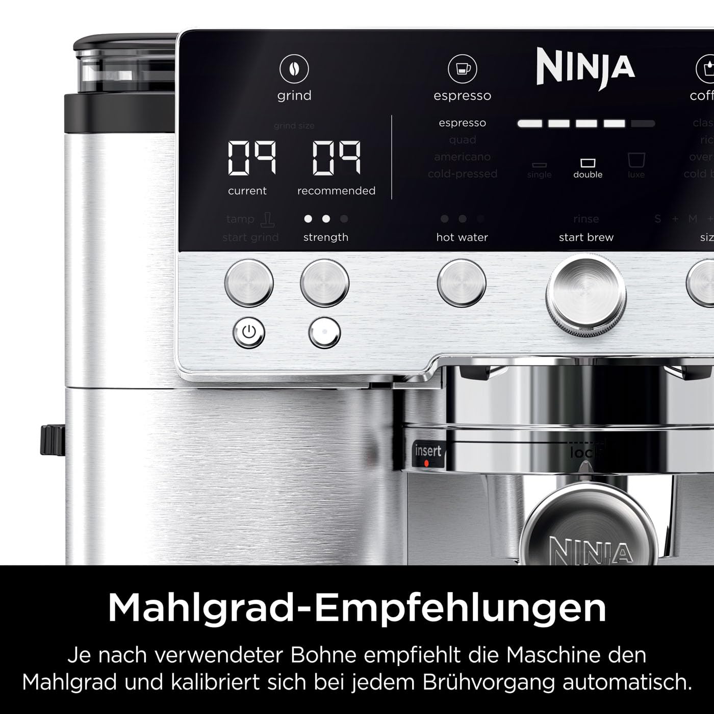 Ninja Luxe Premier 3-in-1 Kaffeemaschine mit Mahlwerk, Aufschäumer für Latte, Cappuccino, Cold Brew & Espresso, bis 2 Tassen, 4 Aufschäum-Voreinstellungen, Silber