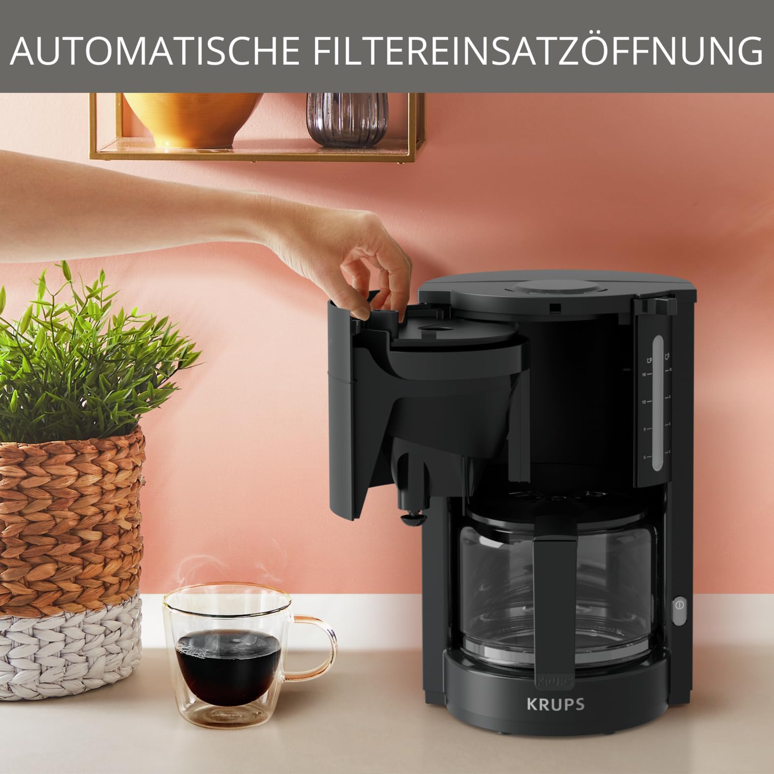 Krups F30908 ProAroma Filterkaffeemaschine mit Glaskanne, 1,25L Füllmenge, 10-15 Tassen, 1050W, Schwarz
