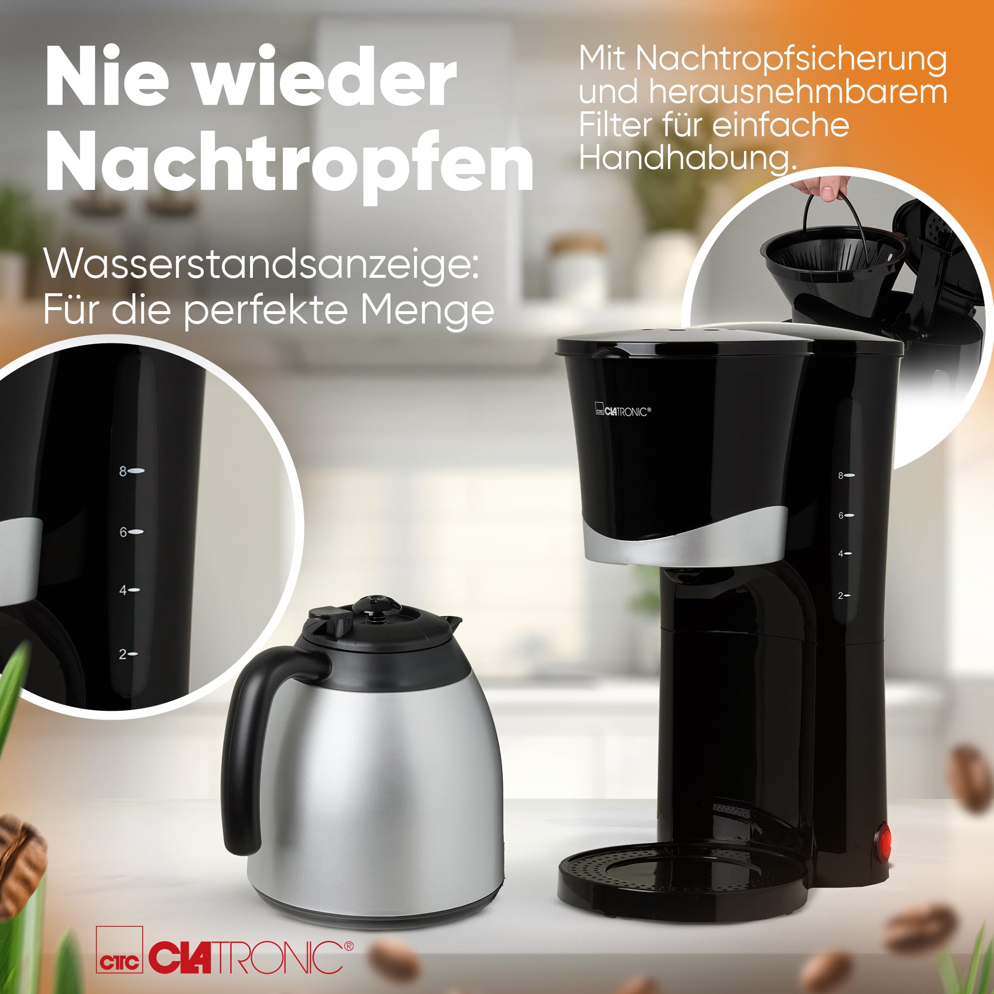 Clatronic® Kaffeemaschine mit Thermoskanne | für 8-10 Tassen Kaffee | kein Temperaturverlust | Filterkaffeemaschine | 1 Liter | Coffee machine | Filterkaffeemaschine mit Thermoskanne | KA 3327 schwarz