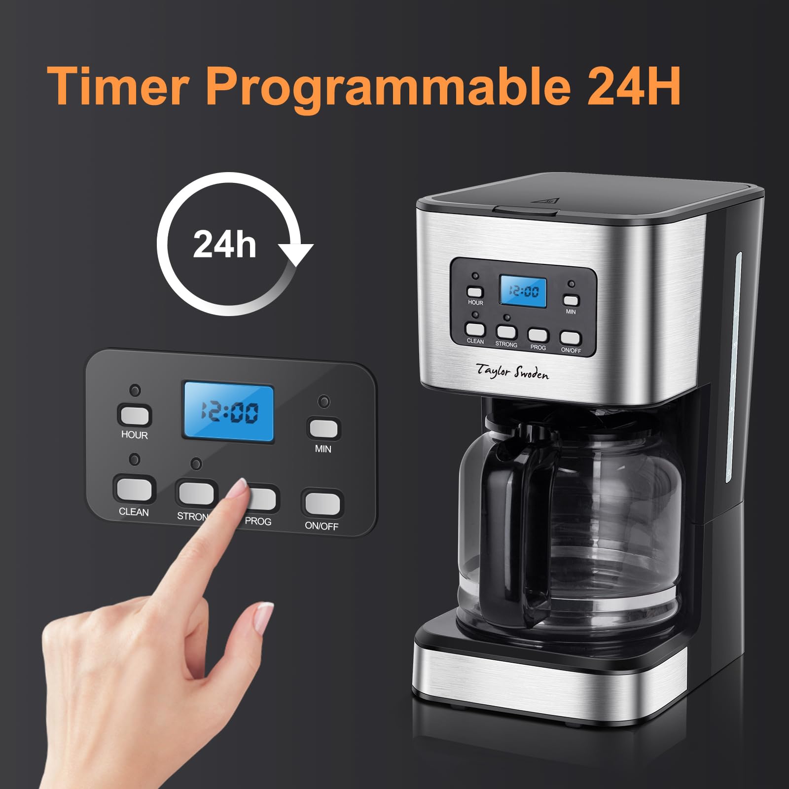 Taylor Swoden Darcy - 950W Kaffeemaschine mit Timer,1.5L Filterkaffeemaschine 12 Tassen, Abschaltautomatik, Tropf-Stopp, Wiederverwendbarem Filter und Heizplatte, BPA-frei, Schwarz