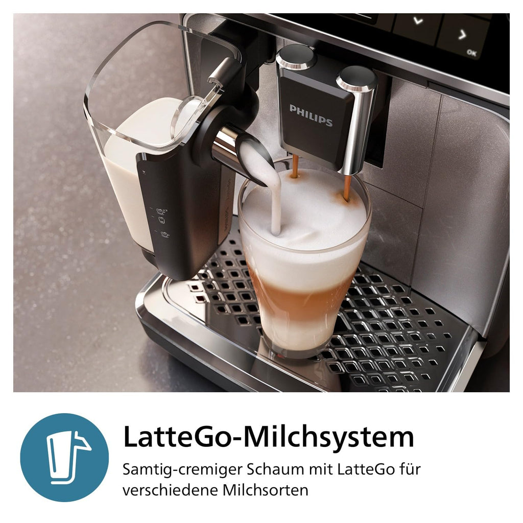 Philips 3300 Series Kaffeevollautomat - 6 Getränke, Modernes Farb-Touchscreen-Display, LatteGo-Milchsystem, SilentBrew, 100% Keramikmahlwerk, AquaClean Filter, Schwarzchrom (EP3347/90)