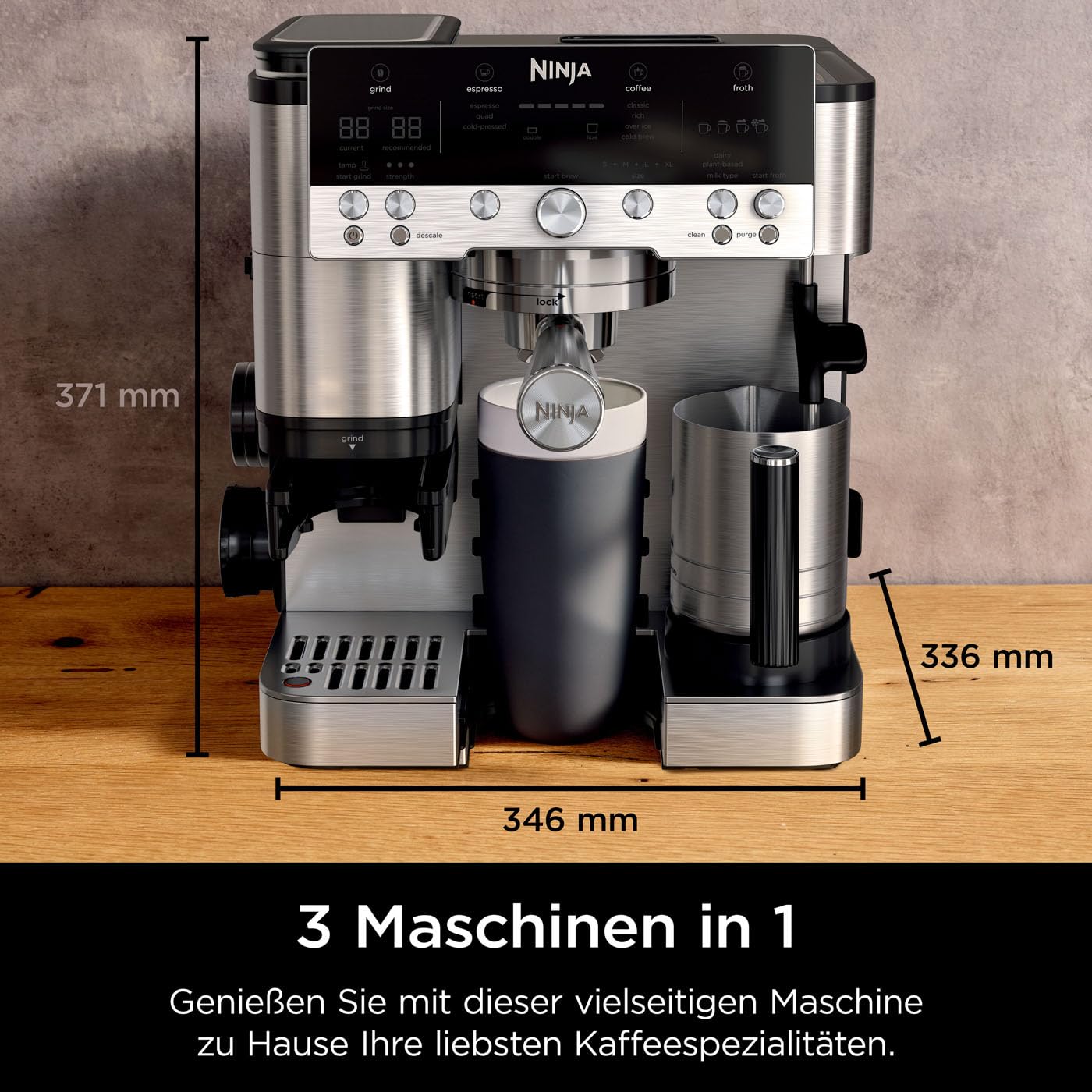Ninja Luxe Premier 3-in-1 Kaffeemaschine mit Mahlwerk, Aufschäumer für Latte, Cappuccino, Cold Brew & Espresso, bis 2 Tassen, 4 Aufschäum-Voreinstellungen, Silber