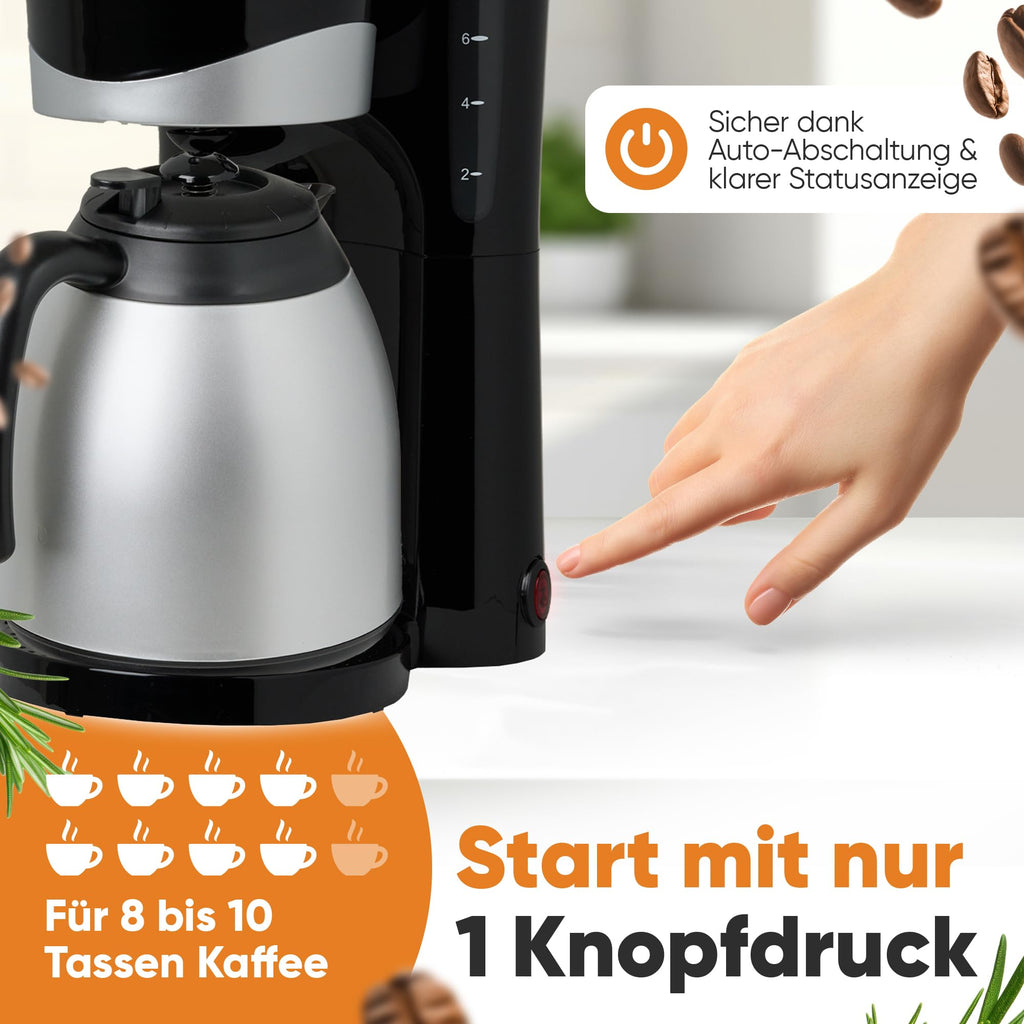 Clatronic® Kaffeemaschine mit Thermoskanne | für 8-10 Tassen Kaffee | kein Temperaturverlust | Filterkaffeemaschine | 1 Liter | Coffee machine | Filterkaffeemaschine mit Thermoskanne | KA 3327 schwarz