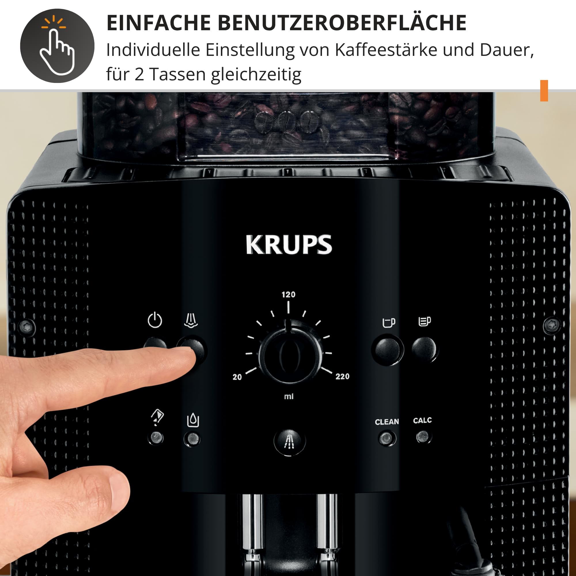 KRUPS Arabica Picto Kaffeevollautomat, kompaktes Design, einfache Bedienung, intuitiv einstellbarer Drehregler, Milchschaumdüse, 2-Tassen-Funktion, Kaffeemaschine, Schwarz, EA810870