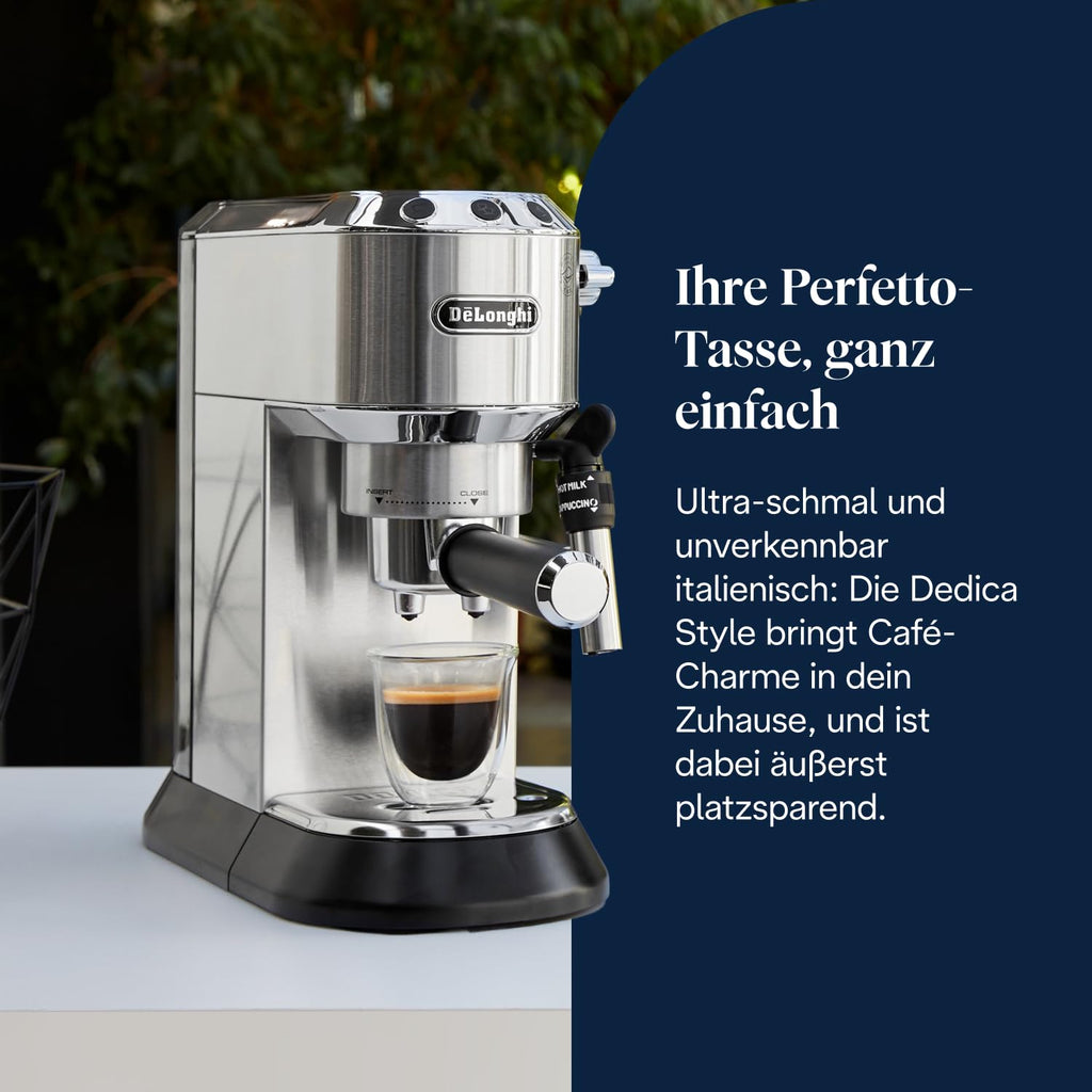 De'Longhi Dedica Style - Perfetto Kompakte Siebträgermaschine Espressomaschine mit Tasten, manuellem Milchaufschäumer für Espresso und Cappuccino, ESE Pad geeignet, 15cm breit, Metall (EC685.M)