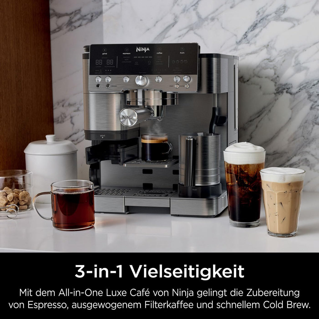 Ninja Luxe Premier 3-in-1 Kaffeemaschine mit Mahlwerk, Aufschäumer für Latte, Cappuccino, Cold Brew & Espresso, bis 2 Tassen, 4 Aufschäum-Voreinstellungen, Silber