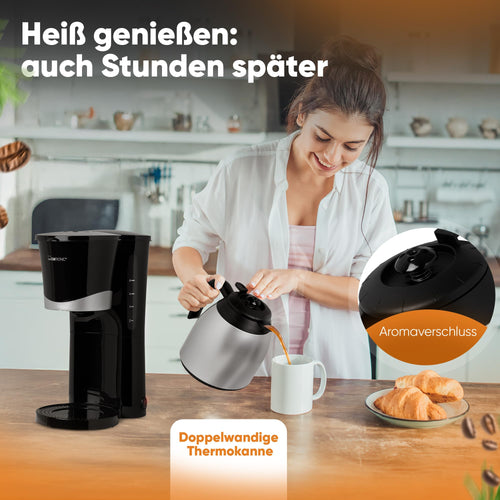 Clatronic® Kaffeemaschine mit Thermoskanne | für 8-10 Tassen Kaffee | kein Temperaturverlust | Filterkaffeemaschine | 1 Liter | Coffee machine | Filterkaffeemaschine mit Thermoskanne | KA 3327 schwarz