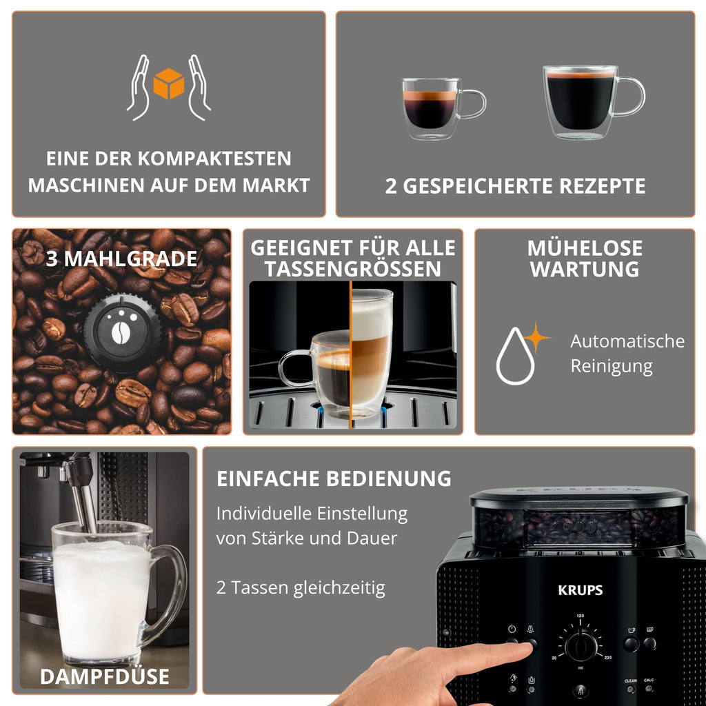 KRUPS Arabica Picto Kaffeevollautomat, kompaktes Design, einfache Bedienung, intuitiv einstellbarer Drehregler, Milchschaumdüse, 2-Tassen-Funktion, Kaffeemaschine, Schwarz, EA810870