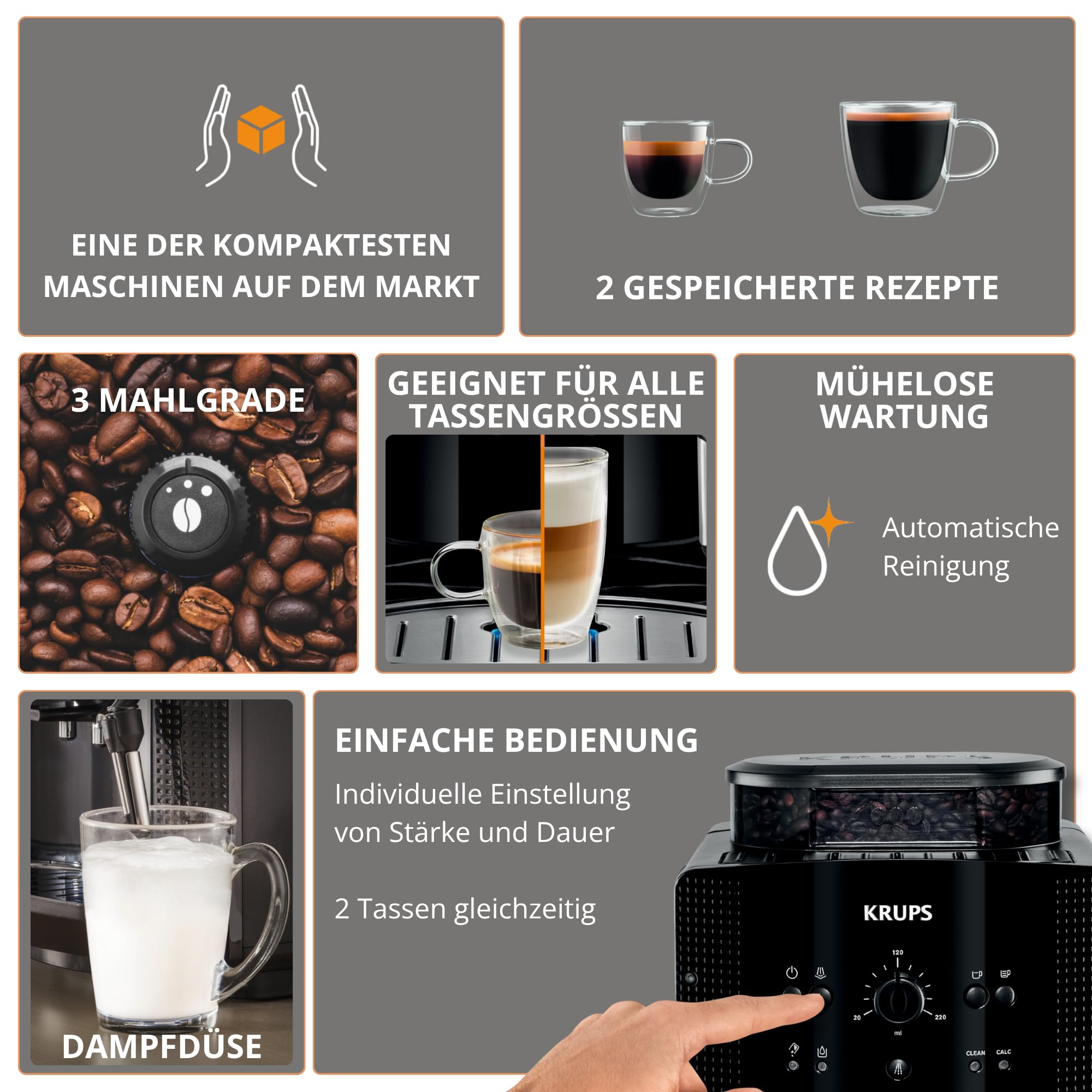 KRUPS Arabica Picto Kaffeevollautomat, kompaktes Design, einfache Bedienung, intuitiv einstellbarer Drehregler, Milchschaumdüse, 2-Tassen-Funktion, Kaffeemaschine, Schwarz, EA810870
